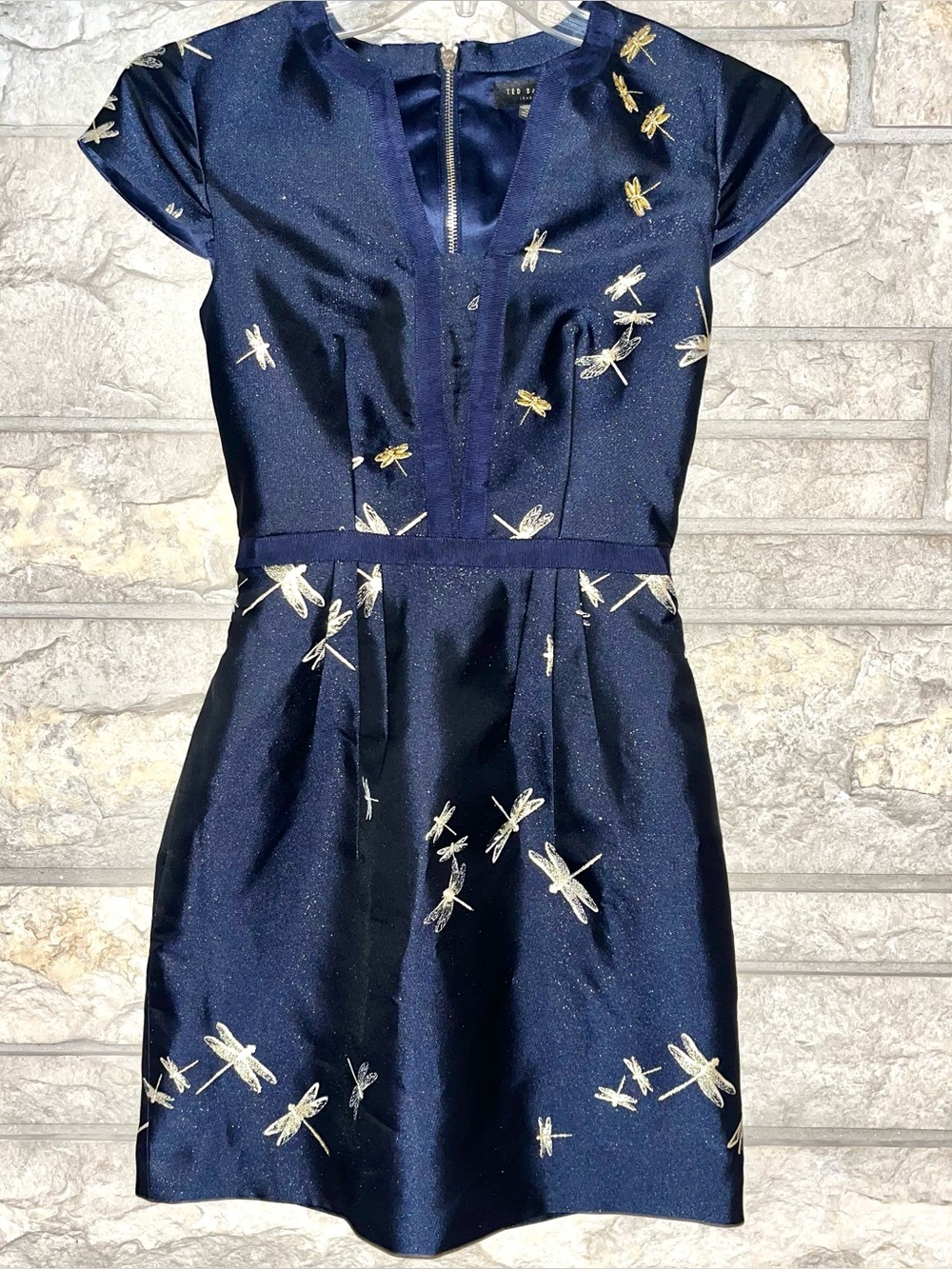 Ted Baker Dragonfly Jacquard Dress Navy Gold Wore 1X Pockets Sparkly SZE 0